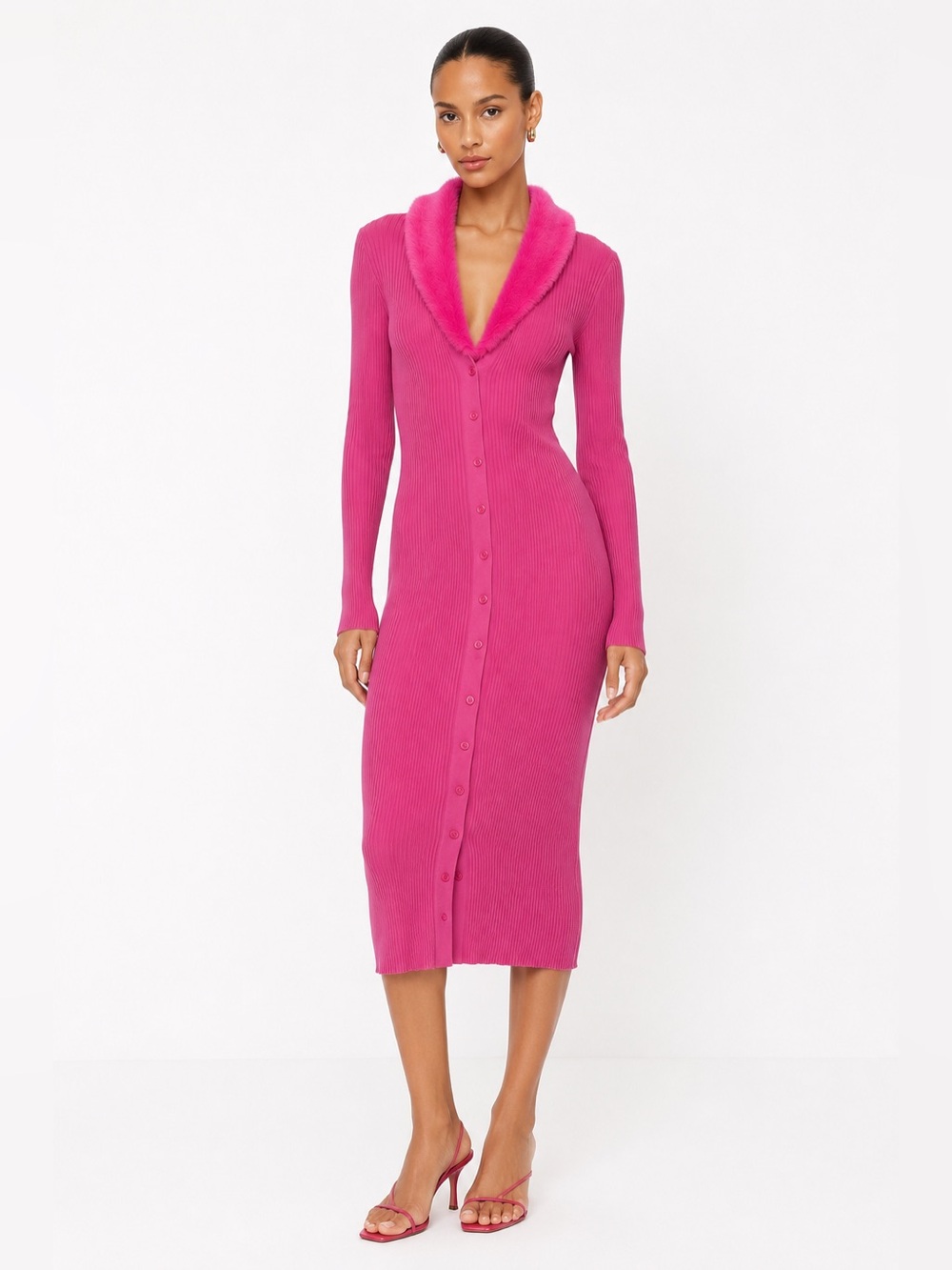STAUD Celina Rib Knit Faux Fur Collar Maxi Dress Pink NWT M $395